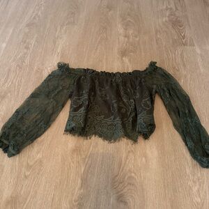 bebe Dark Green Lace Off-Shoulder Crop Blouse